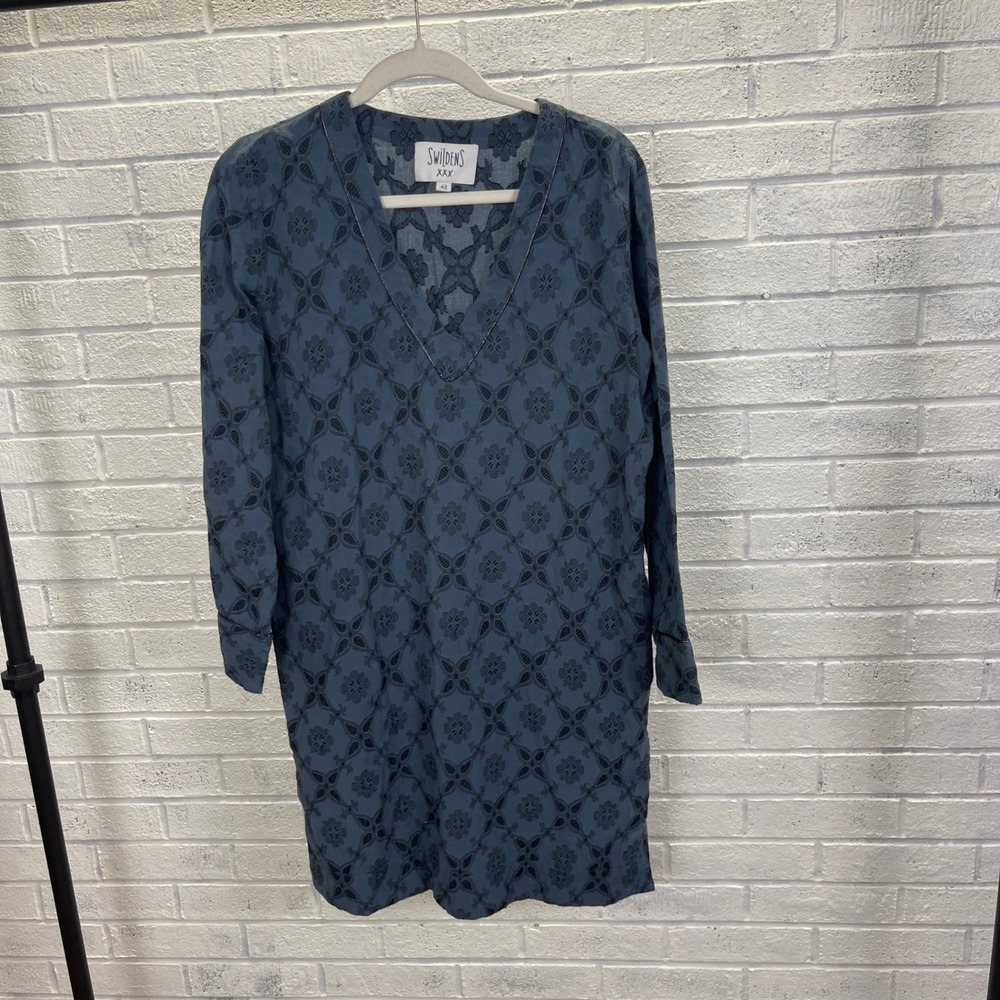 SWILDENS Blue Floral Shift Dress Womens Size 42‎ M Coastal Boho Minimalist